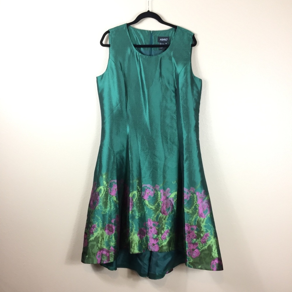 Ashro Teal Green Sleeveless Floral Hem A-Line Dress